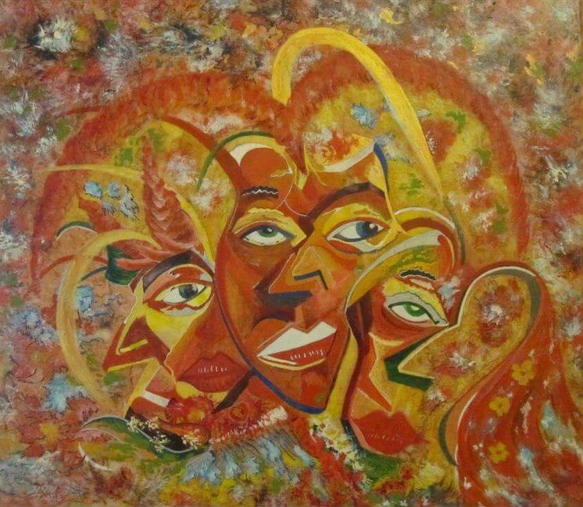 Overlapping faces in warm reds and ochres, an abstract composition in watercolor on stone