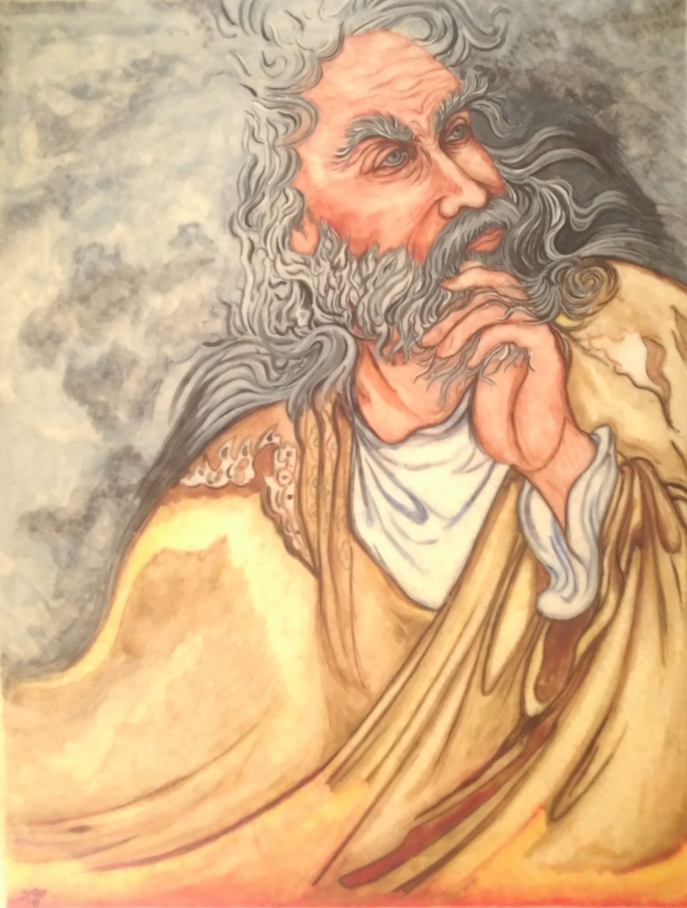 Portrait of a bearded elder in a golden robe, watercolor on stone