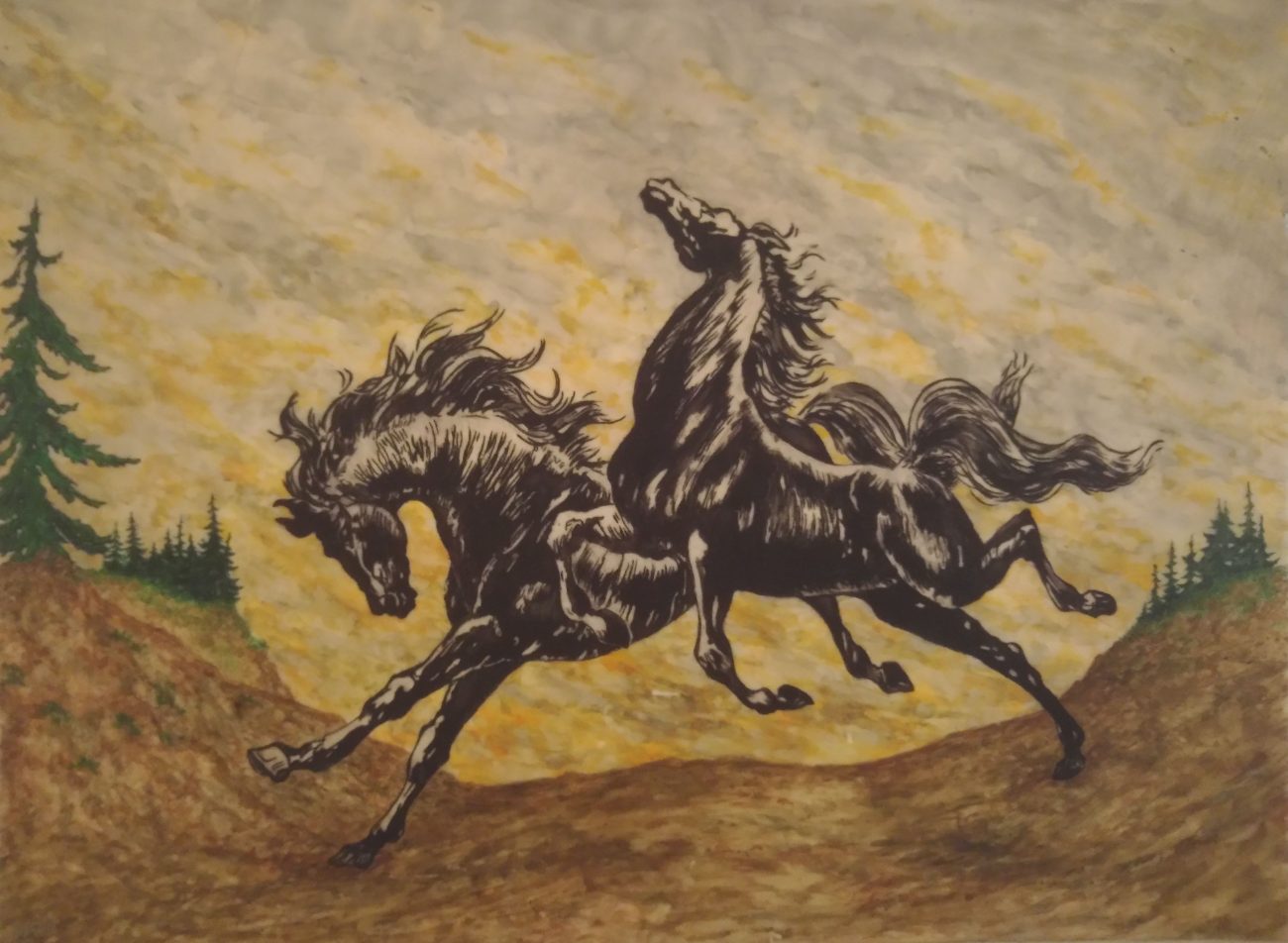 Two dark horses galloping through a hillside landscape, watercolor on stone