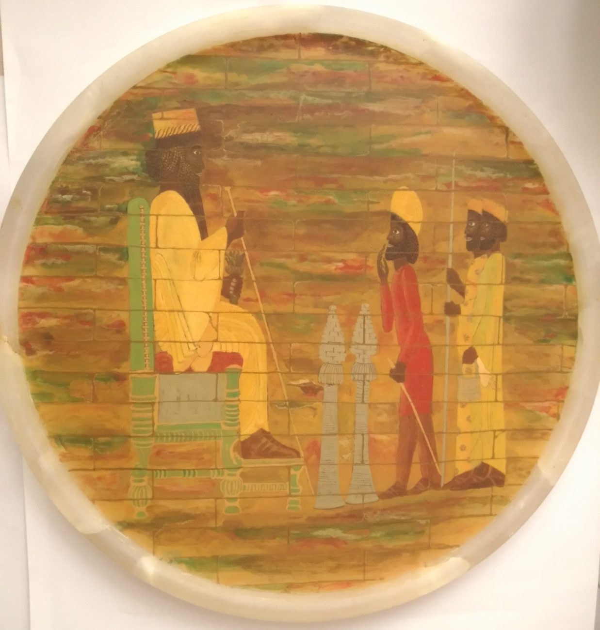 A round alabaster plate showing an Achaemenid audience scene in the manner of Persepolis, watercolor on stone